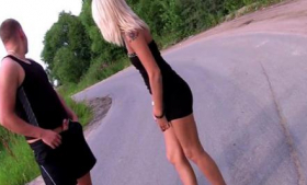 Blonde sucking dick walking down a country road