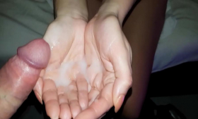 Spread sperm all over your body with cum in your hands