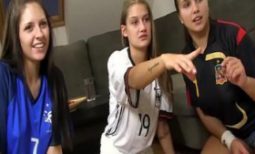 3 teens cheering for the World Cup get fucked by the lucky guy