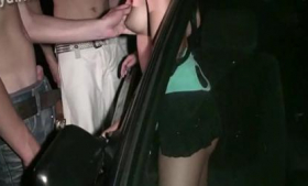 Blonde teen underwears in a car while en route to a public sex club