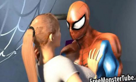 The spider licks the pussy of a 3D blonde babe