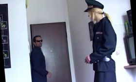 A blonde is fucking in black stockings while wearing a uniform