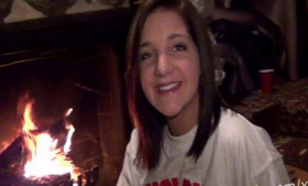 Yummy teen using glass dildo next to her parents' fireplace
