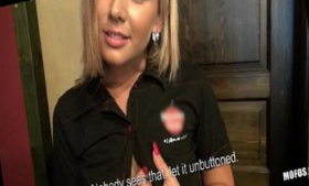 An attractive blonde bartender is persuaded to have sex with her coworkers