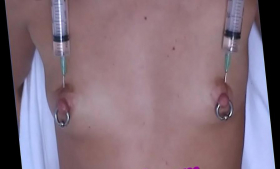 Vibrator with Pumping Tits and Saline Injections in Breast Nipples